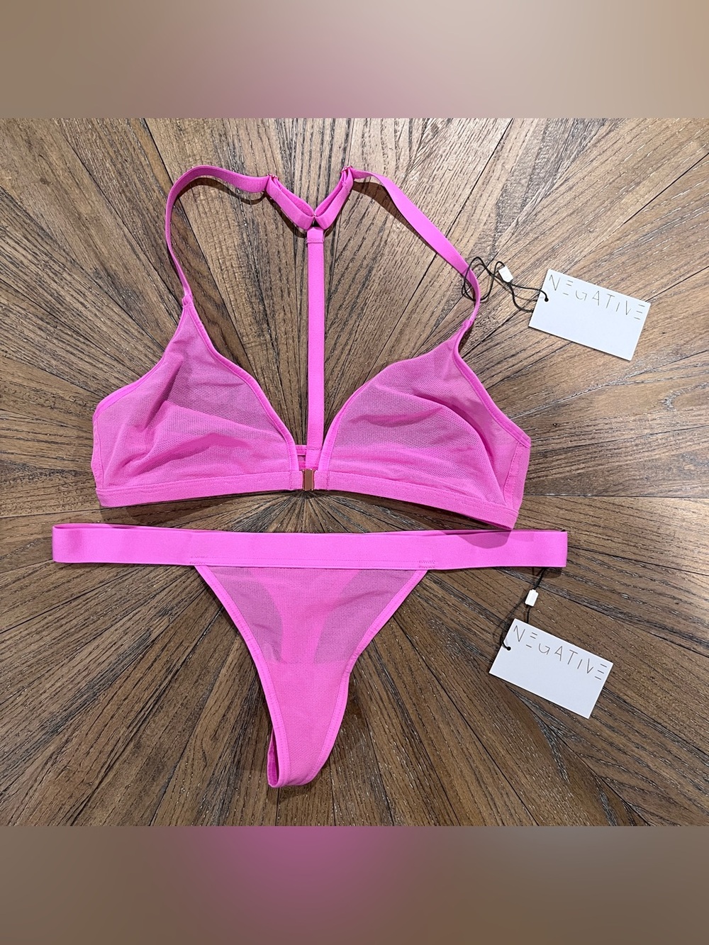 NWT Negative Sieve Mesh Racerback Bra And Thong Set Orchid Pink Size 1 / Sz S